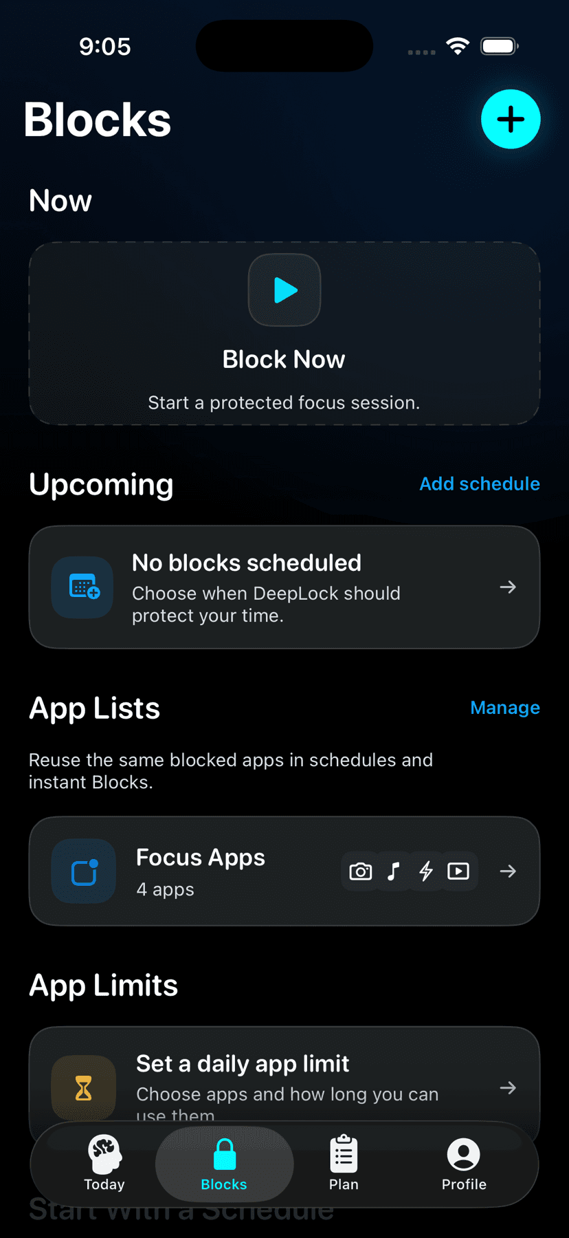 DeepLock Blocks showing Block Now, schedules, App Lists, and App Limits