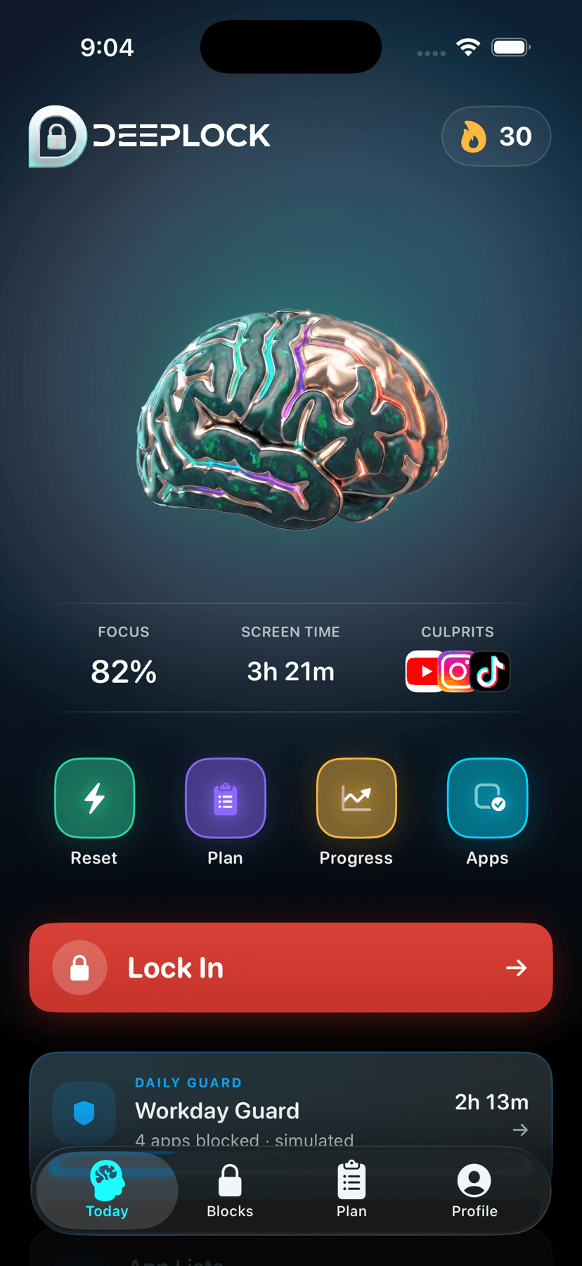 DeepLock Home showing Focus, Screen Time, blocked apps, and Lock In