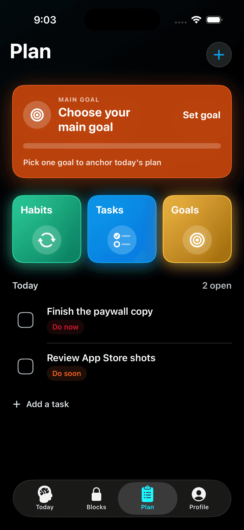 DeepLock Plan showing goals, habits, tasks, and urgency